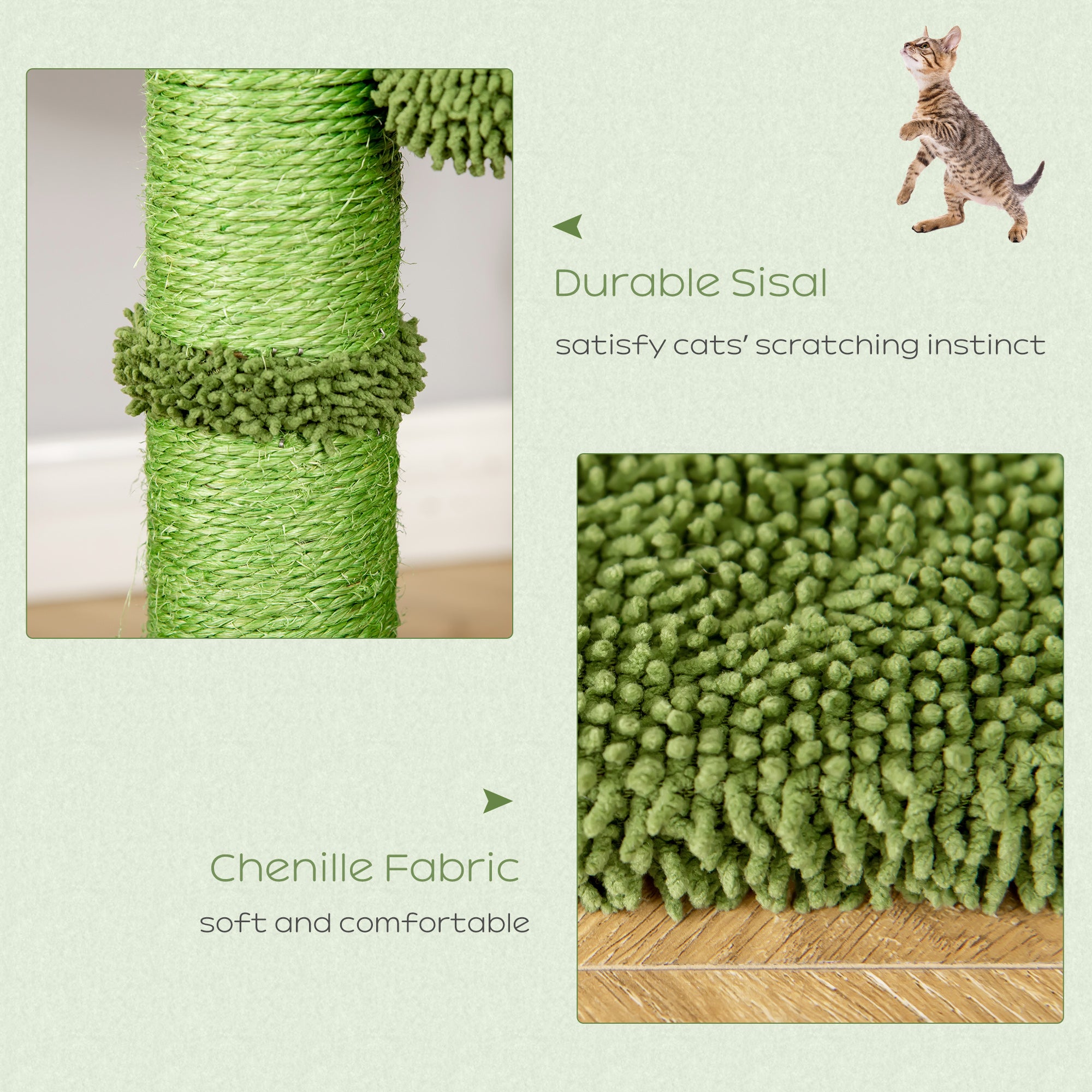 PawHut Cactus Cat Tree Tower for Indoor Cats Sisal Scratching Post with Hammock Bed Dangling Ball 40 x 40 x 96 cm 