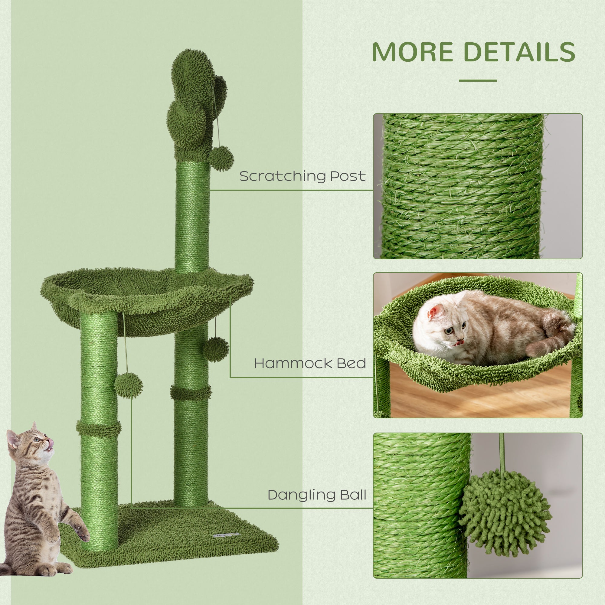 PawHut Cactus Cat Tree Tower for Indoor Cats Sisal Scratching Post with Hammock Bed Dangling Ball 40 x 40 x 96 cm 