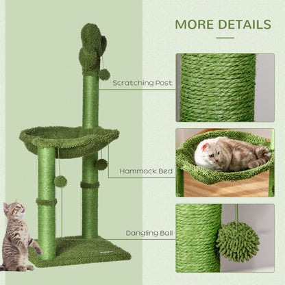 PawHut Cactus Cat Tree Tower for Indoor Cats Sisal Scratching Post with Hammock Bed Dangling Ball 40 x 40 x 96 cm 