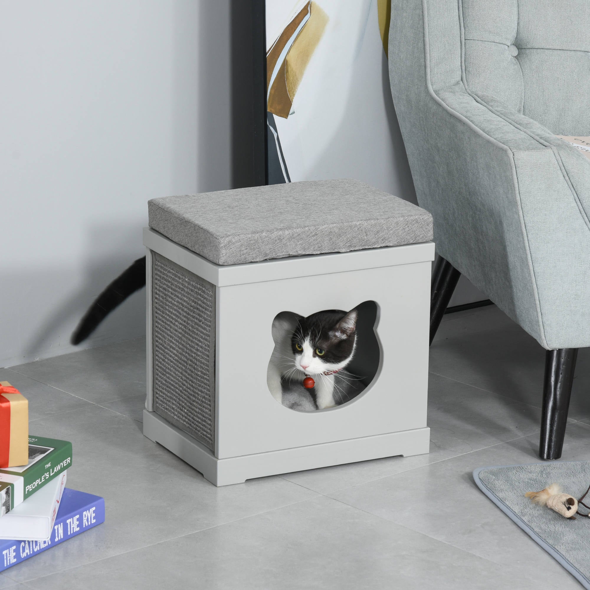 PawHut Cat House Bed Kitten Cave Cube Indoor for Small Pet with Removable Sisal Scratching Pads Soft Cushions, 41x30x36 cm, Grey 