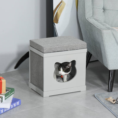 PawHut Cat House Bed Kitten Cave Cube Indoor for Small Pet with Removable Sisal Scratching Pads Soft Cushions, 41x30x36 cm, Grey 