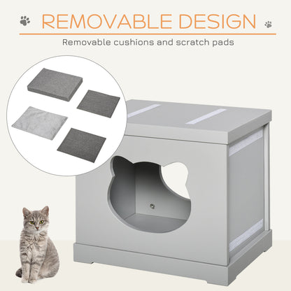 PawHut Cat House Bed Kitten Cave Cube Indoor for Small Pet with Removable Sisal Scratching Pads Soft Cushions, 41x30x36 cm, Grey 