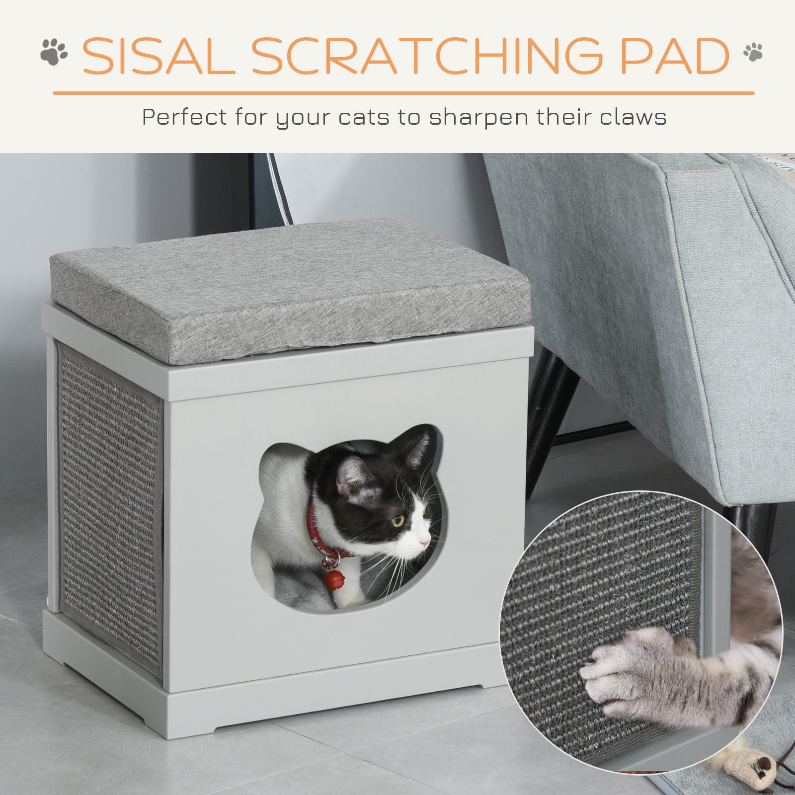 PawHut Cat House Bed Kitten Cave Cube Indoor for Small Pet with Removable Sisal Scratching Pads Soft Cushions, 41x30x36 cm, Grey 