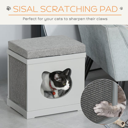 PawHut Cat House Bed Kitten Cave Cube Indoor for Small Pet with Removable Sisal Scratching Pads Soft Cushions, 41x30x36 cm, Grey 