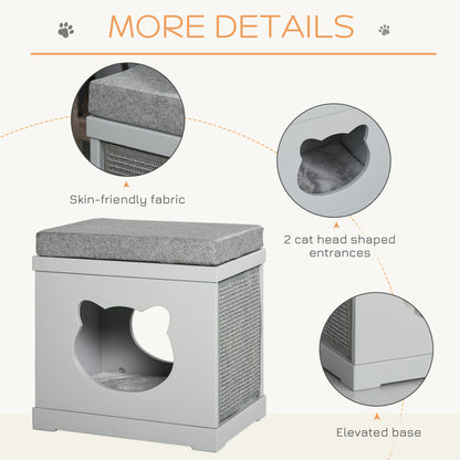 PawHut Cat House Bed Kitten Cave Cube Indoor for Small Pet with Removable Sisal Scratching Pads Soft Cushions, 41x30x36 cm, Grey 