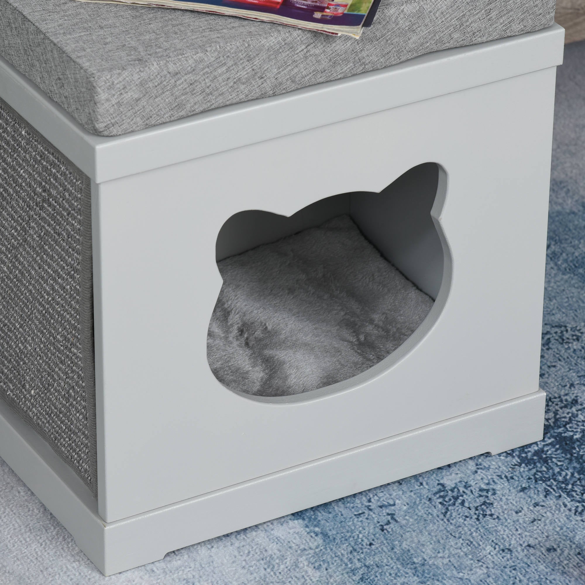 PawHut Cat House Bed Kitten Cave Cube Indoor for Small Pet with Removable Sisal Scratching Pads Soft Cushions, 41x30x36 cm, Grey 