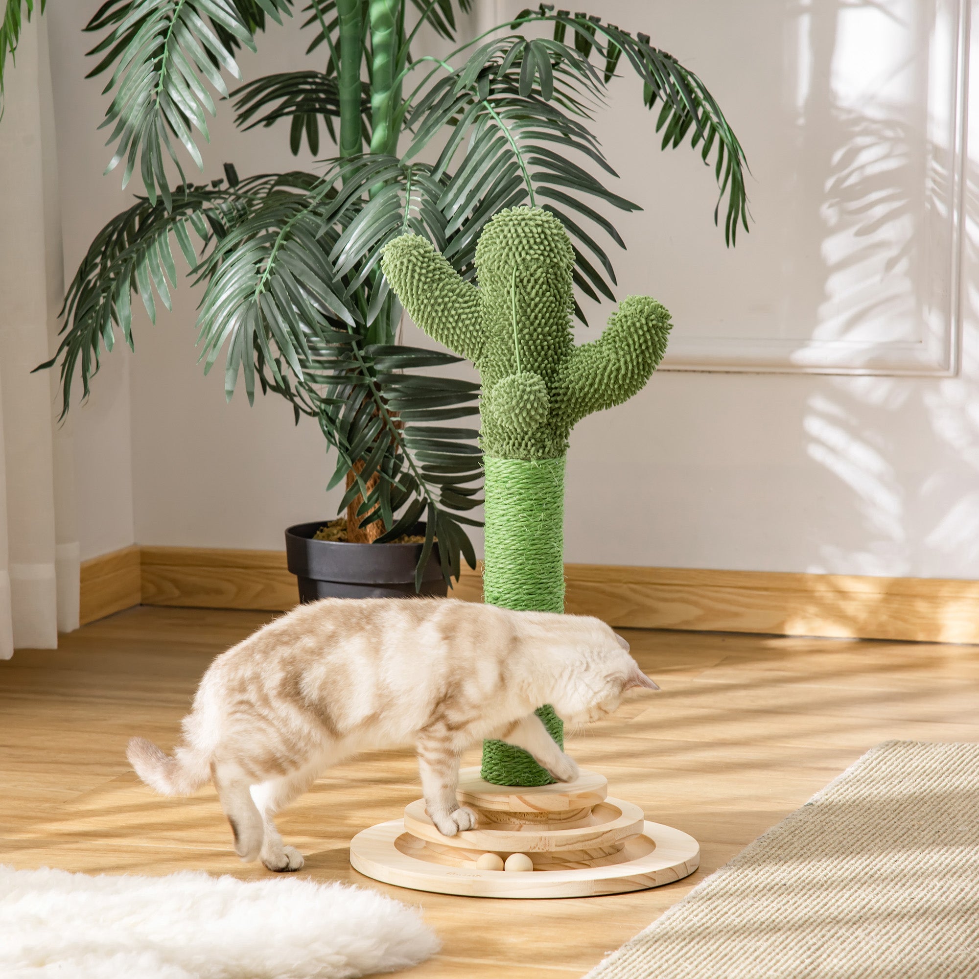 PawHut Cat Tree Cactus Sisal Scratching Post for Indoor Cats Play Tower Kitten Furniture with Hanging Ball Interactive Fun Roller Exerciser 32 x 32 x 60cm 