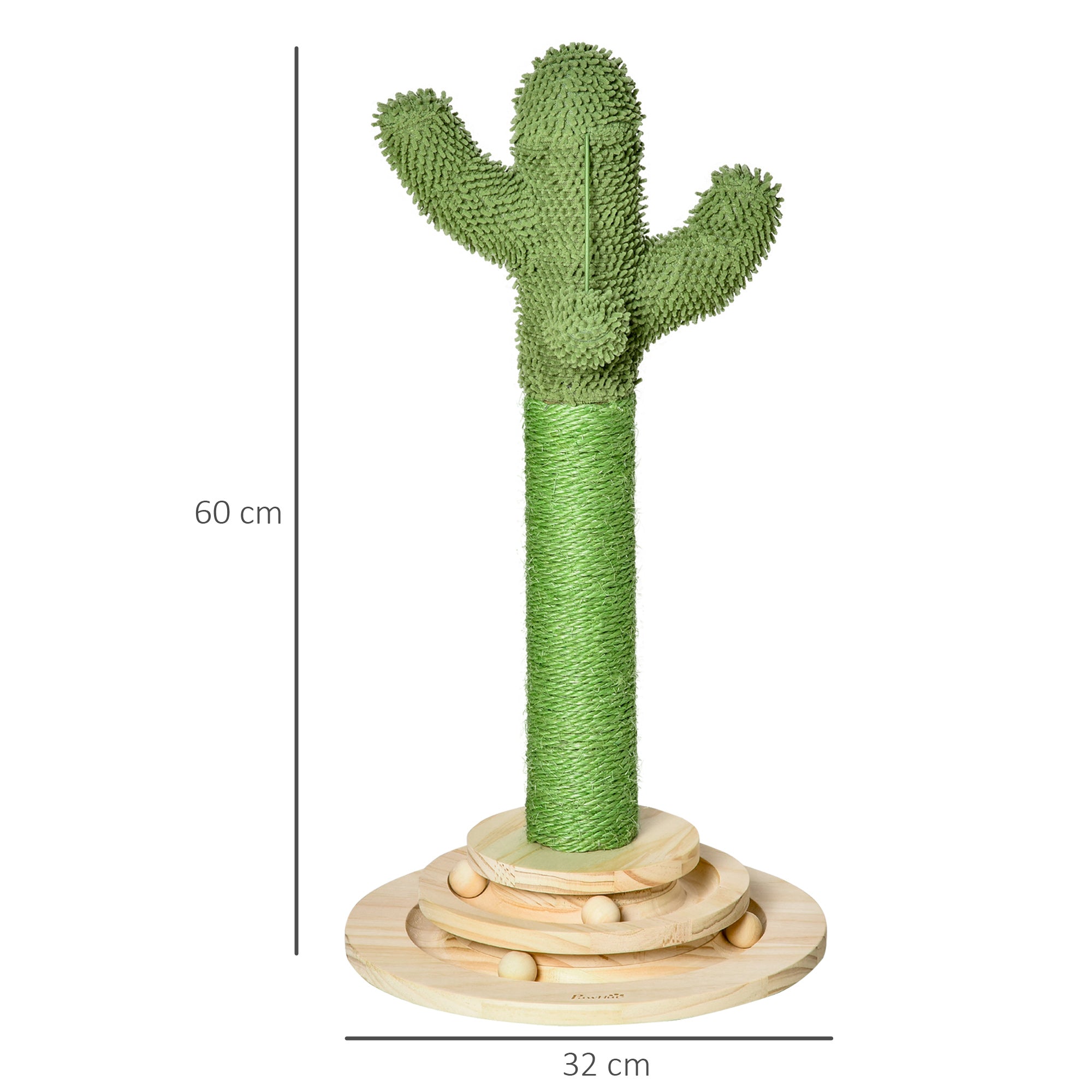 PawHut Cat Tree Cactus Sisal Scratching Post for Indoor Cats Play Tower Kitten Furniture with Hanging Ball Interactive Fun Roller Exerciser 32 x 32 x 60cm 