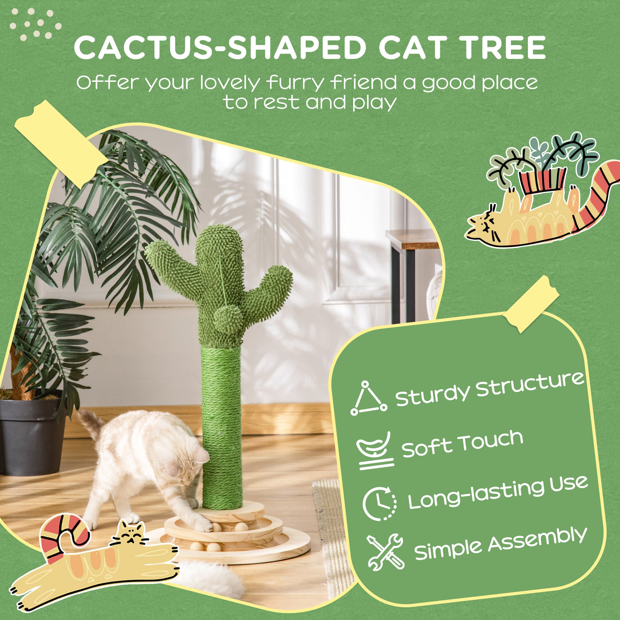 PawHut Cat Tree Cactus Sisal Scratching Post for Indoor Cats Play Tower Kitten Furniture with Hanging Ball Interactive Fun Roller Exerciser 32 x 32 x 60cm 