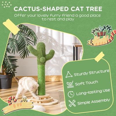 PawHut Cat Tree Cactus Sisal Scratching Post for Indoor Cats Play Tower Kitten Furniture with Hanging Ball Interactive Fun Roller Exerciser 32 x 32 x 60cm 