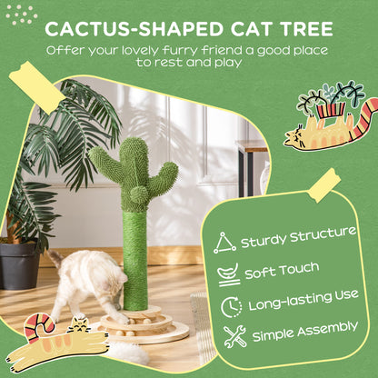 PawHut Cat Tree Cactus Sisal Scratching Post for Indoor Cats Play Tower Kitten Furniture with Hanging Ball Interactive Fun Roller Exerciser 32 x 32 x 60cm 