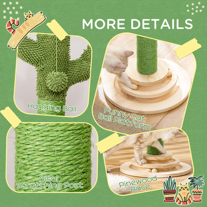 PawHut Cat Tree Cactus Sisal Scratching Post for Indoor Cats Play Tower Kitten Furniture with Hanging Ball Interactive Fun Roller Exerciser 32 x 32 x 60cm 