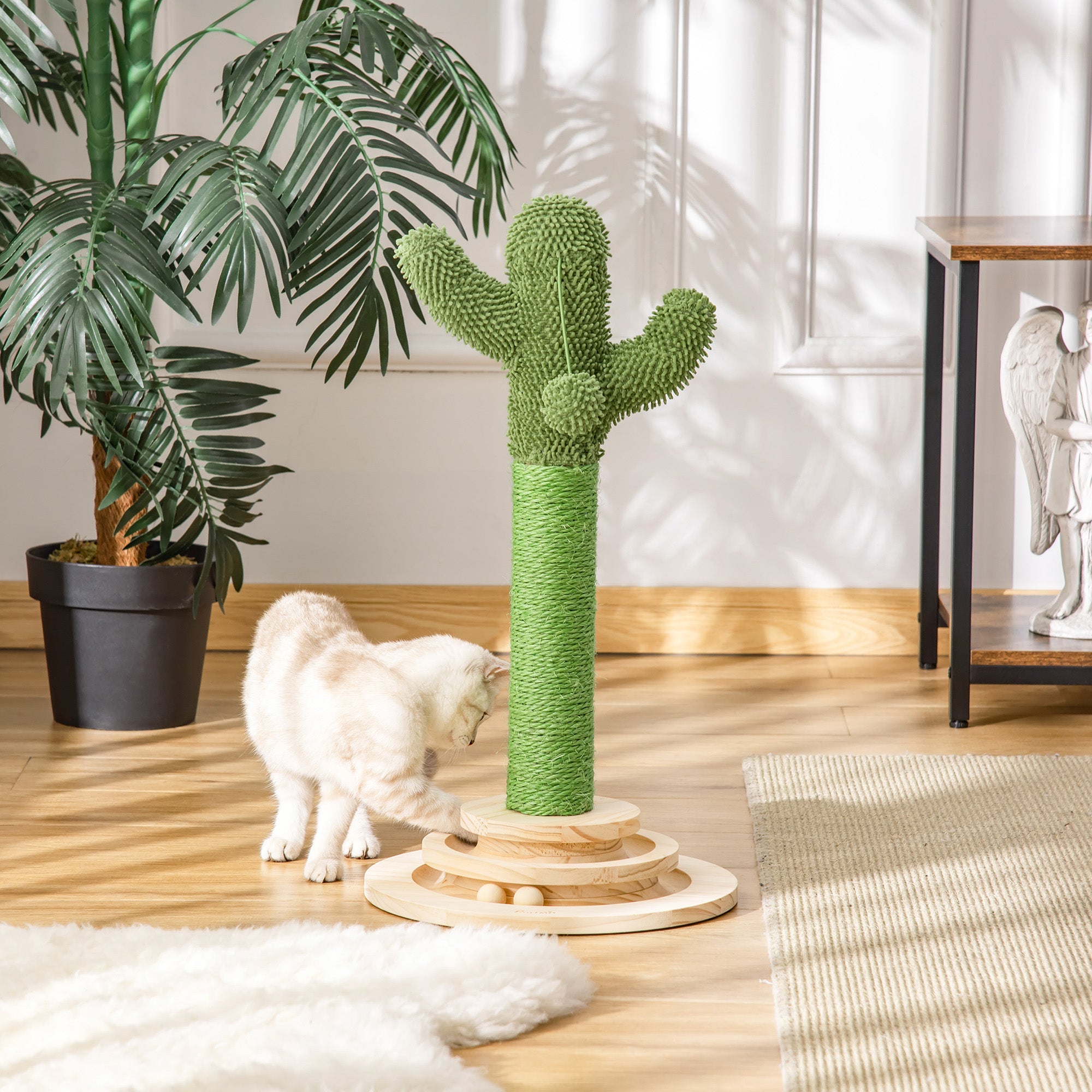 PawHut Cat Tree Cactus Sisal Scratching Post for Indoor Cats Play Tower Kitten Furniture with Hanging Ball Interactive Fun Roller Exerciser 32 x 32 x 60cm 
