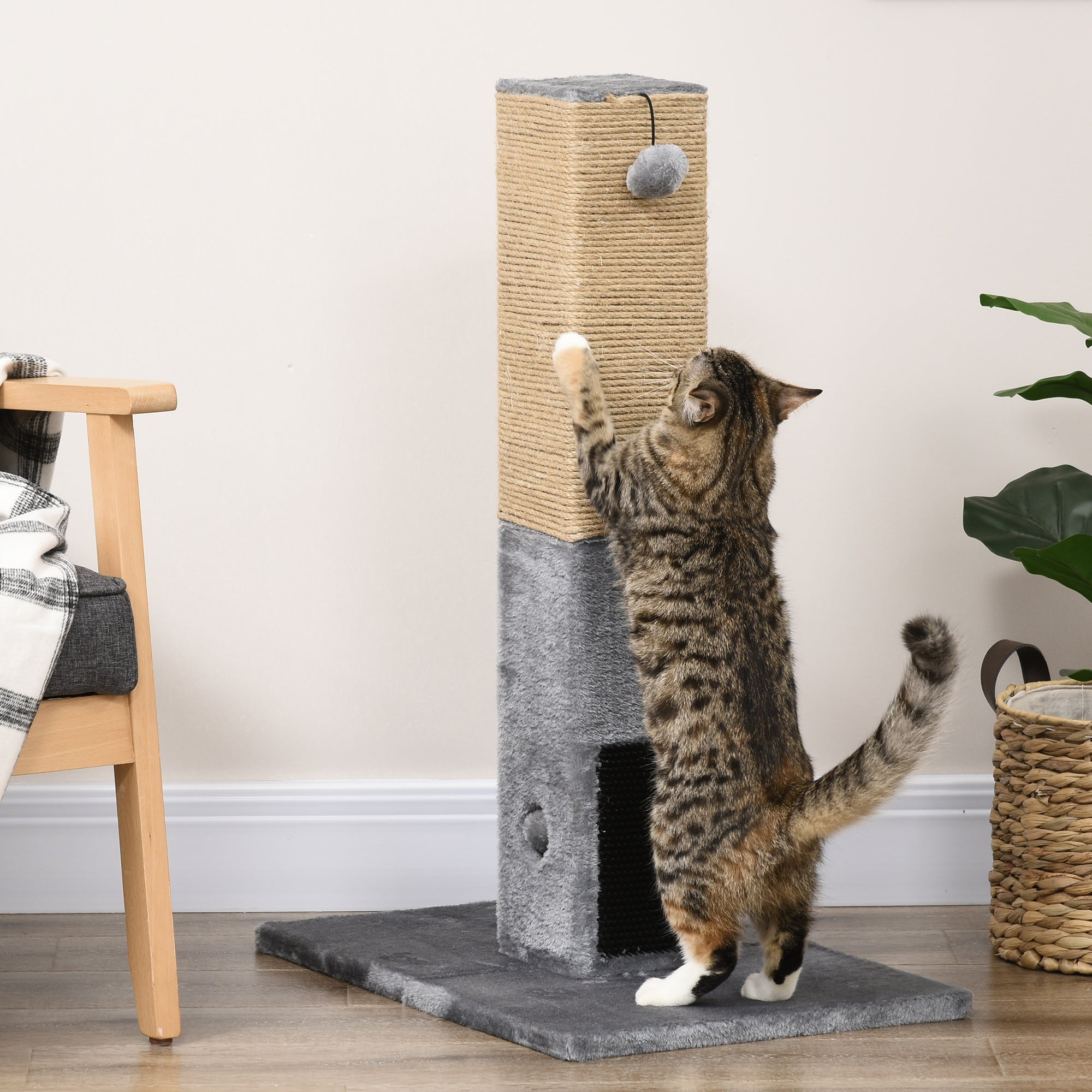PawHut Cat Tree Scratching Post for Indoor Cats 79cm Jute Scratcher Climber w/ Carpet Base Dangling Toy – Grey 