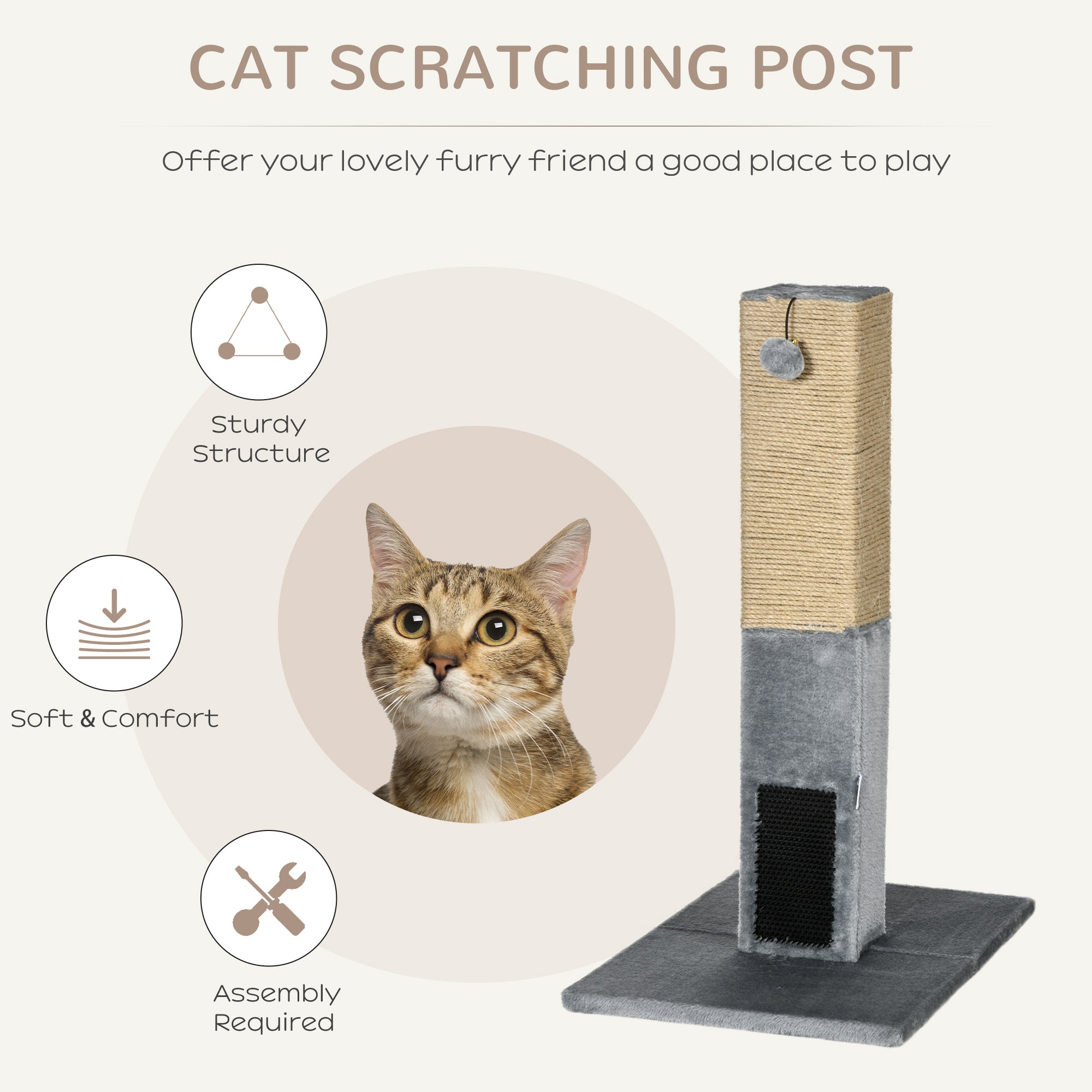 PawHut Cat Tree Scratching Post for Indoor Cats 79cm Jute Scratcher Climber w/ Carpet Base Dangling Toy – Grey 