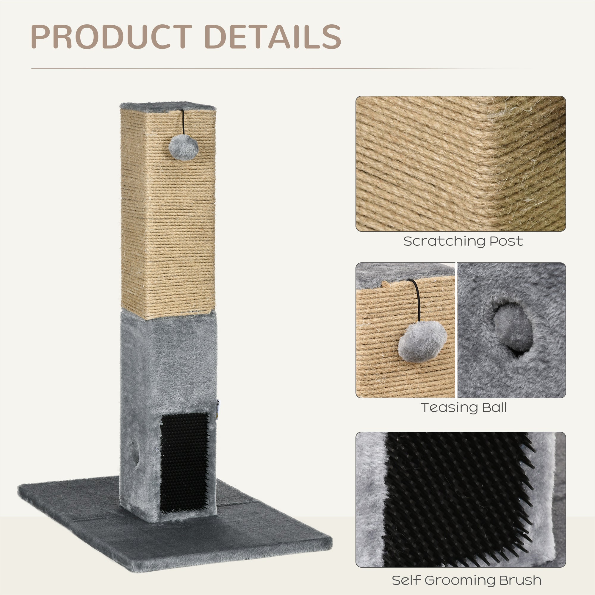 PawHut Cat Tree Scratching Post for Indoor Cats 79cm Jute Scratcher Climber w/ Carpet Base Dangling Toy – Grey 