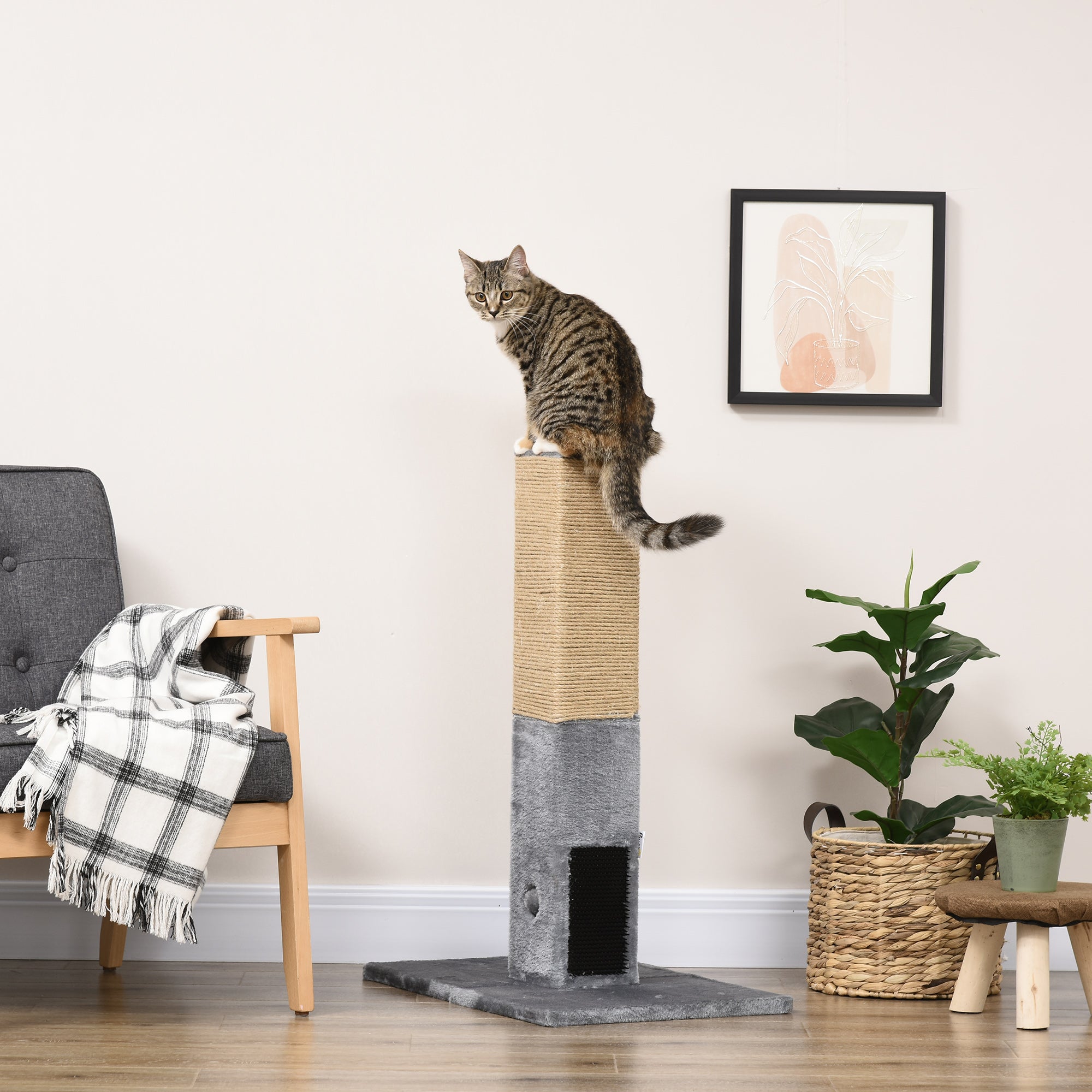 PawHut Cat Tree Scratching Post for Indoor Cats 79cm Jute Scratcher Climber w/ Carpet Base Dangling Toy – Grey 