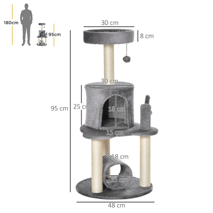PawHut Cat Tree Tower for Indoor Cats Climbing Activity Center Kitten Furniture with Jute Scratching Post Bed Tunnel Perch Hanging Balls Grey 