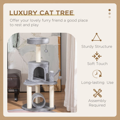 PawHut Cat Tree Tower for Indoor Cats Climbing Activity Center Kitten Furniture with Jute Scratching Post Bed Tunnel Perch Hanging Balls Grey 