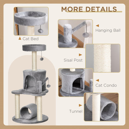PawHut Cat Tree Tower for Indoor Cats Climbing Activity Center Kitten Furniture with Jute Scratching Post Bed Tunnel Perch Hanging Balls Grey 