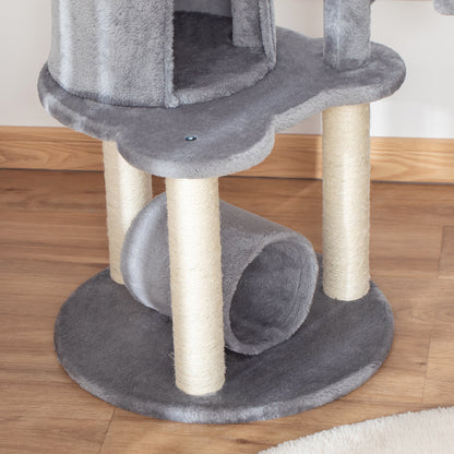 PawHut Cat Tree Tower for Indoor Cats Climbing Activity Center Kitten Furniture with Jute Scratching Post Bed Tunnel Perch Hanging Balls Grey 