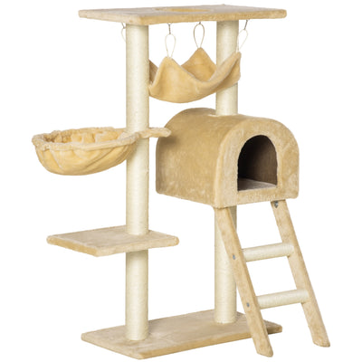 PawHut Cat Tree Tower for Indoor Cats Kitten Activity Centre Scratching Post w/ Hammock House Basket Ladder - Beige 