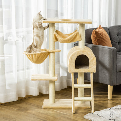 PawHut Cat Tree Tower for Indoor Cats Kitten Activity Centre Scratching Post w/ Hammock House Basket Ladder - Beige 