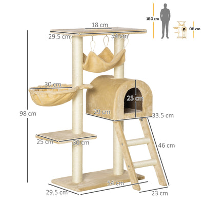 PawHut Cat Tree Tower for Indoor Cats Kitten Activity Centre Scratching Post w/ Hammock House Basket Ladder - Beige 