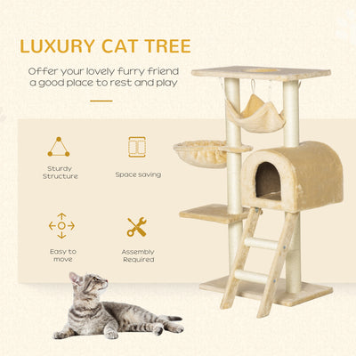 PawHut Cat Tree Tower for Indoor Cats Kitten Activity Centre Scratching Post w/ Hammock House Basket Ladder - Beige 