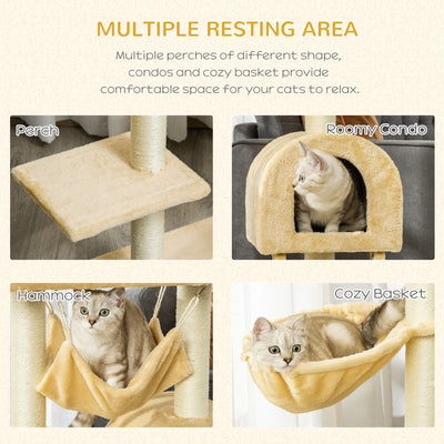 PawHut Cat Tree Tower for Indoor Cats Kitten Activity Centre Scratching Post w/ Hammock House Basket Ladder - Beige 