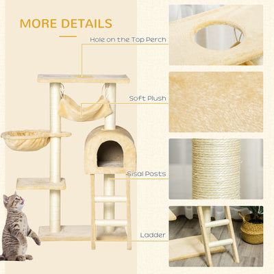 PawHut Cat Tree Tower for Indoor Cats Kitten Activity Centre Scratching Post w/ Hammock House Basket Ladder - Beige 