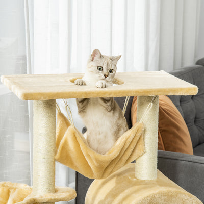 PawHut Cat Tree Tower for Indoor Cats Kitten Activity Centre Scratching Post w/ Hammock House Basket Ladder - Beige 