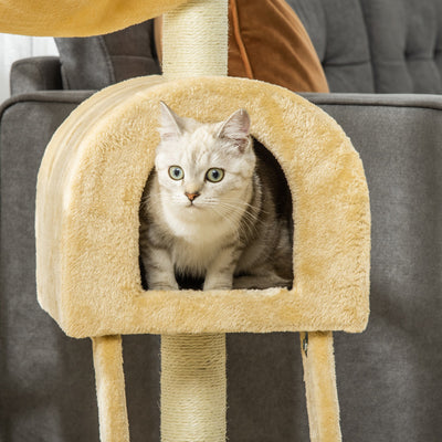 PawHut Cat Tree Tower for Indoor Cats Kitten Activity Centre Scratching Post w/ Hammock House Basket Ladder - Beige 