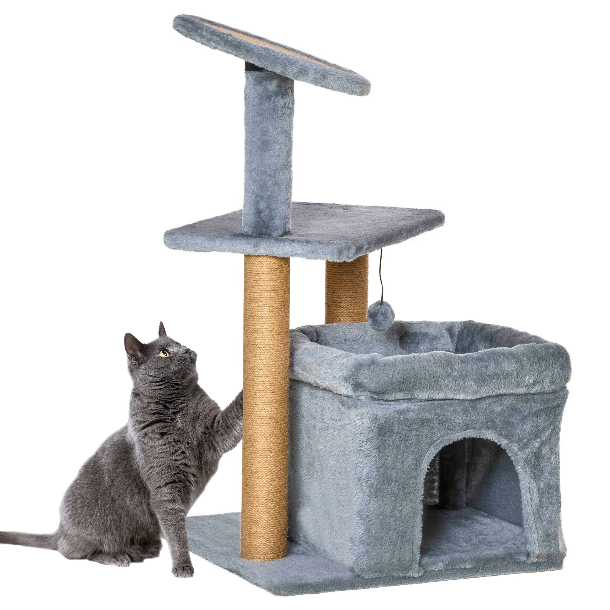 PawHut Cat Tree Tower for Indoor Cats, Cat Scratching Post with Bed, Cat House, Scratching Pad, Perch, Interactive Ball Toy 48 x 48 x 84cm, Grey 