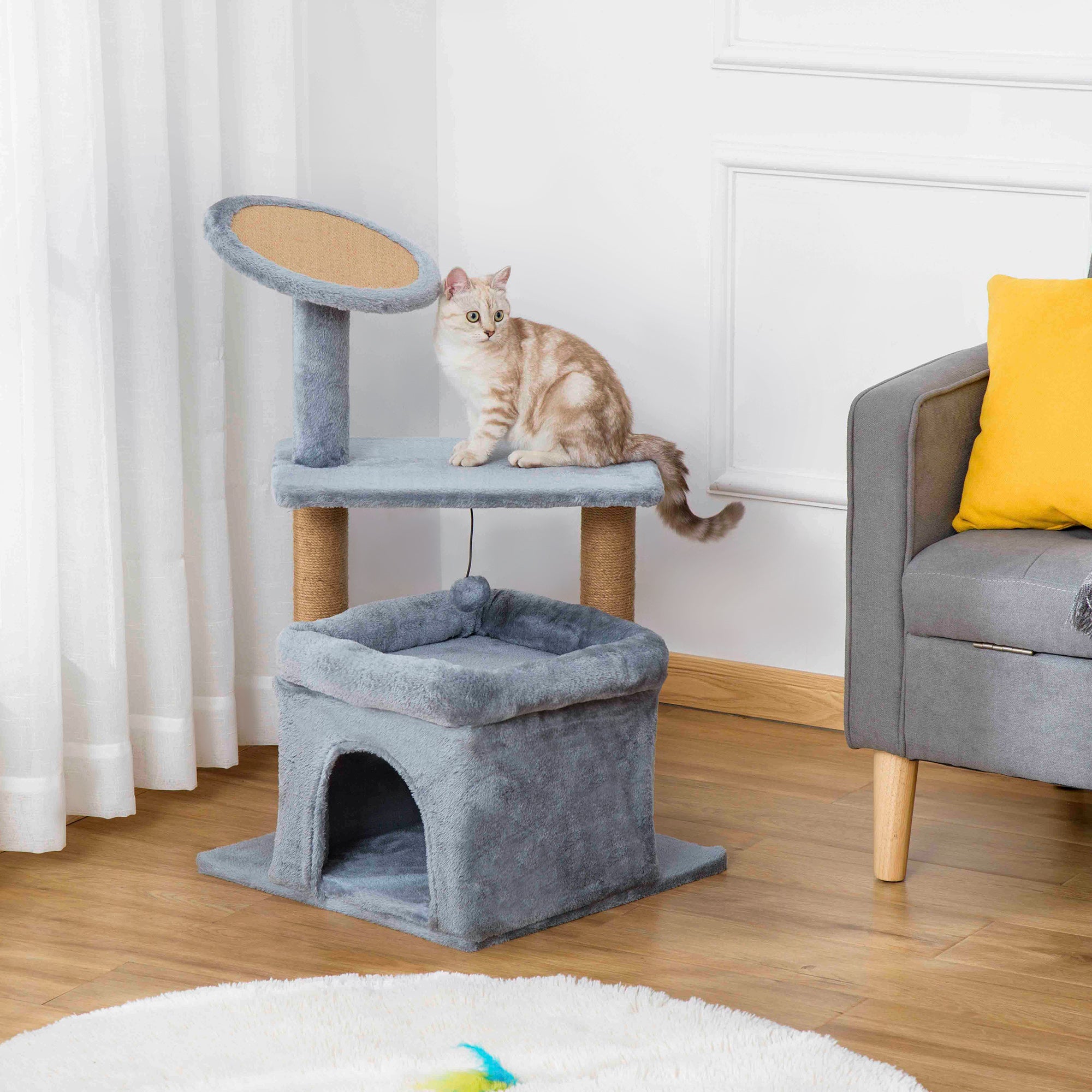 PawHut Cat Tree Tower for Indoor Cats, Cat Scratching Post with Bed, Cat House, Scratching Pad, Perch, Interactive Ball Toy 48 x 48 x 84cm, Grey 