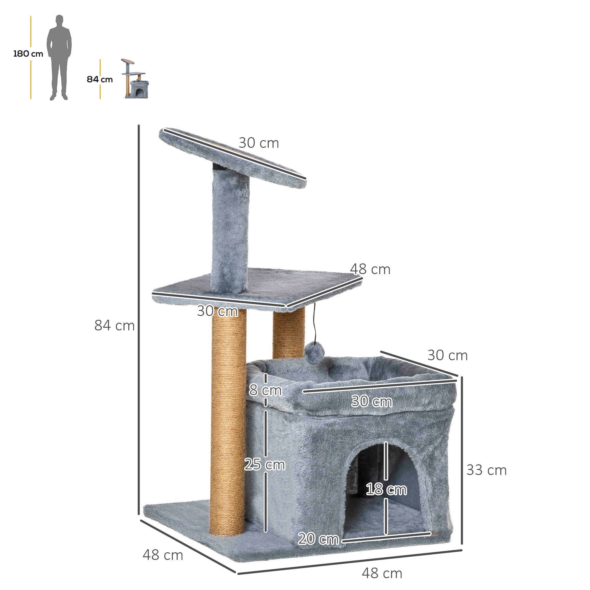 PawHut Cat Tree Tower for Indoor Cats, Cat Scratching Post with Bed, Cat House, Scratching Pad, Perch, Interactive Ball Toy 48 x 48 x 84cm, Grey 