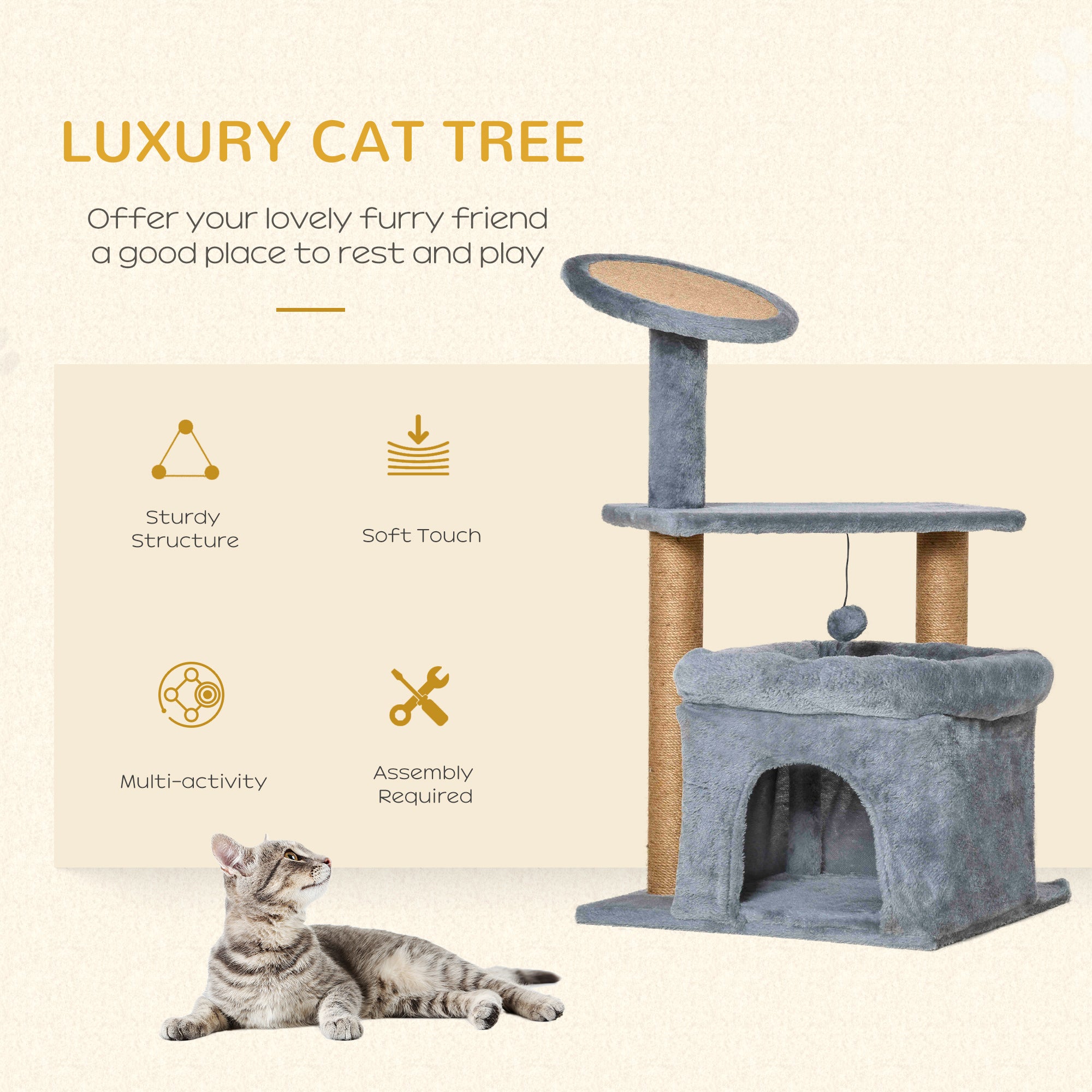 PawHut Cat Tree Tower for Indoor Cats, Cat Scratching Post with Bed, Cat House, Scratching Pad, Perch, Interactive Ball Toy 48 x 48 x 84cm, Grey 
