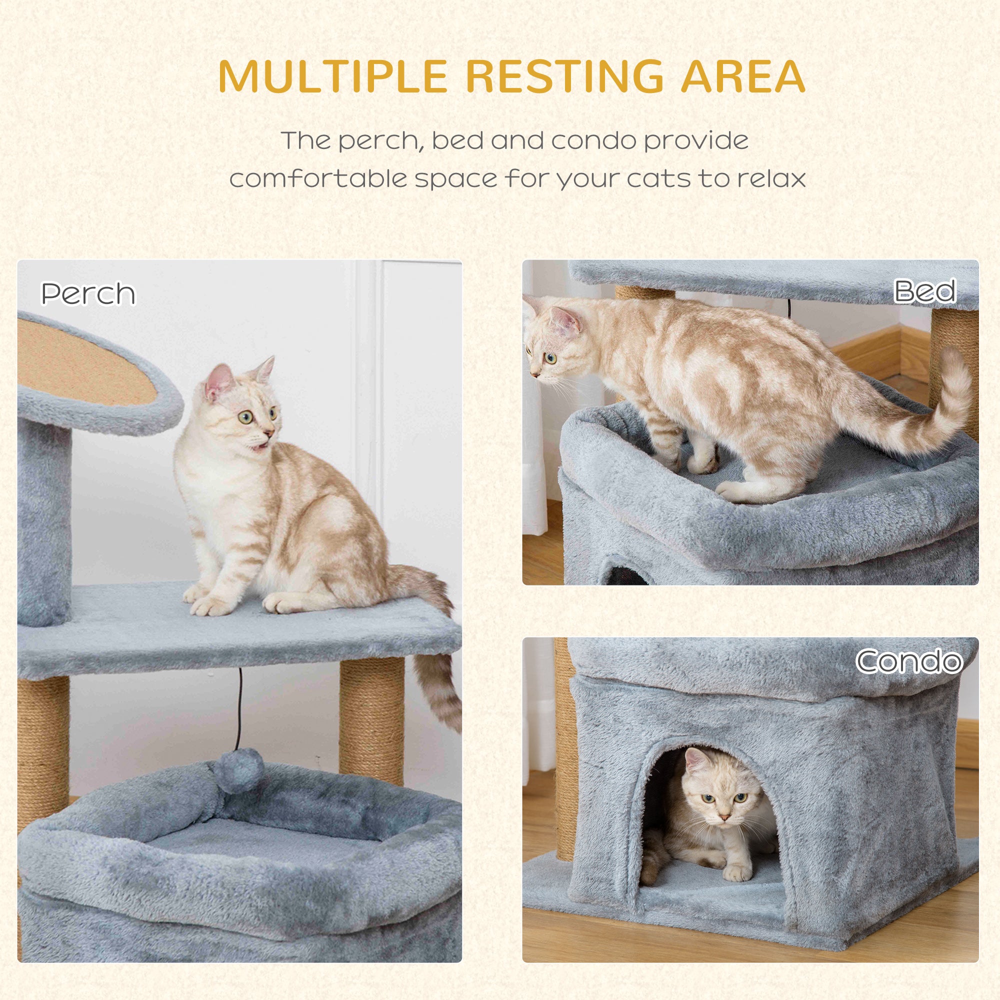 PawHut Cat Tree Tower for Indoor Cats, Cat Scratching Post with Bed, Cat House, Scratching Pad, Perch, Interactive Ball Toy 48 x 48 x 84cm, Grey 