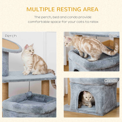 PawHut Cat Tree Tower for Indoor Cats, Cat Scratching Post with Bed, Cat House, Scratching Pad, Perch, Interactive Ball Toy 48 x 48 x 84cm, Grey 