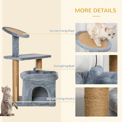 PawHut Cat Tree Tower for Indoor Cats, Cat Scratching Post with Bed, Cat House, Scratching Pad, Perch, Interactive Ball Toy 48 x 48 x 84cm, Grey 