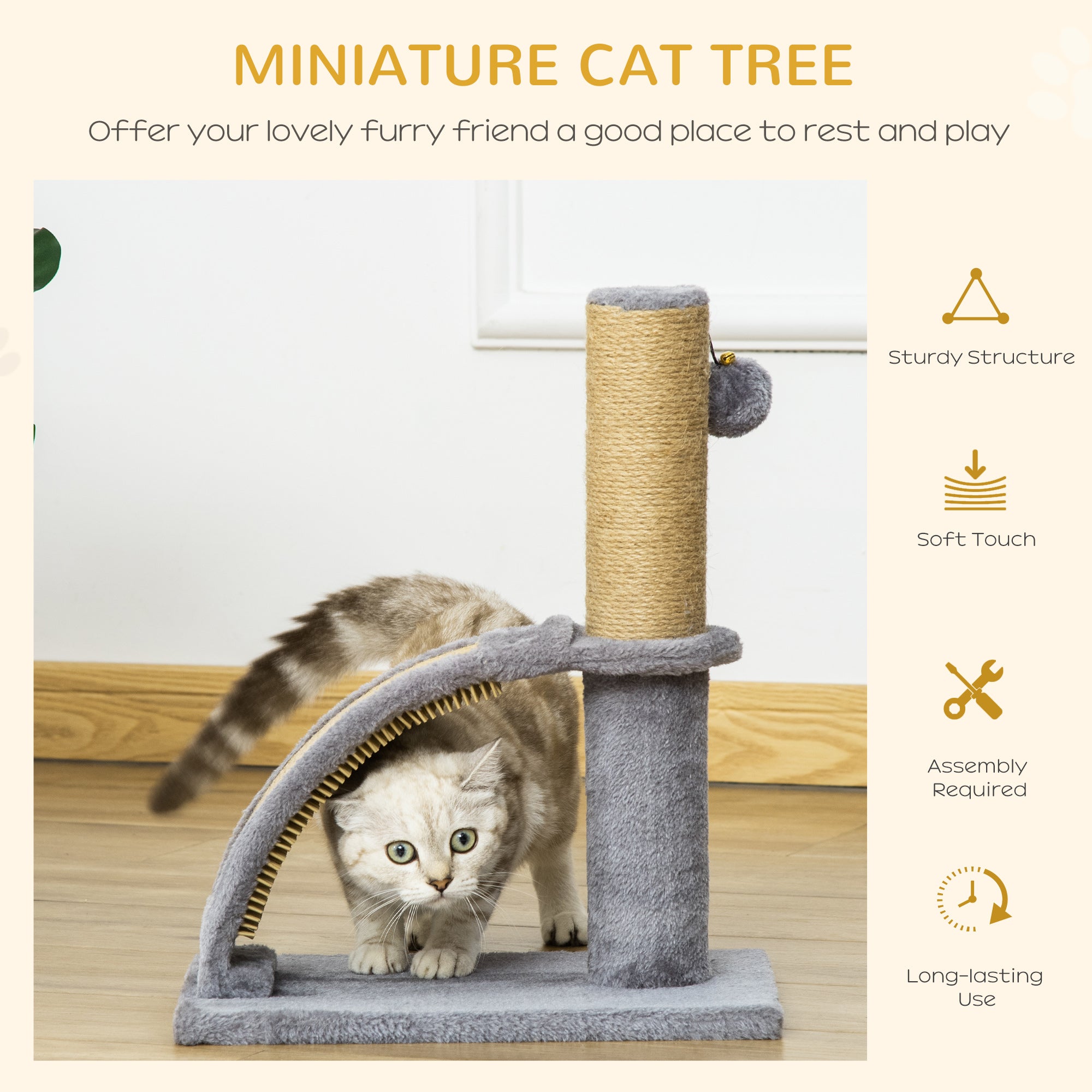 PawHut Cat Tree for Indoor Cats Climbing Activity Center Kitten Tower Furniture with Jute Post Scratching Massage Board Hanging Ball with Bell 34 x 24 x 43cm Grey 