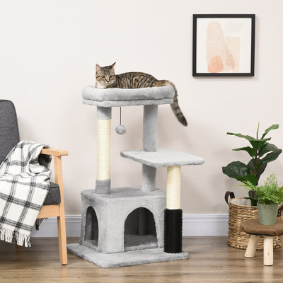 PawHut Cat Tree for Indoor Cats Climbing Tower Kitten Scratch Post Activity Center Kitten with Massage Toy Hanging Ball Bed Condo Perch 48 x 48 x 85cm Grey 