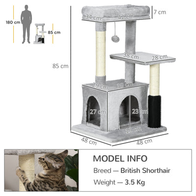 PawHut Cat Tree for Indoor Cats Climbing Tower Kitten Scratch Post Activity Center Kitten with Massage Toy Hanging Ball Bed Condo Perch 48 x 48 x 85cm Grey 