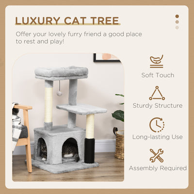 PawHut Cat Tree for Indoor Cats Climbing Tower Kitten Scratch Post Activity Center Kitten with Massage Toy Hanging Ball Bed Condo Perch 48 x 48 x 85cm Grey 
