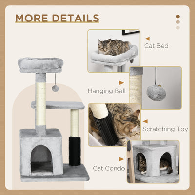 PawHut Cat Tree for Indoor Cats Climbing Tower Kitten Scratch Post Activity Center Kitten with Massage Toy Hanging Ball Bed Condo Perch 48 x 48 x 85cm Grey 