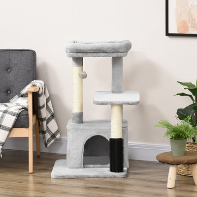PawHut Cat Tree for Indoor Cats Climbing Tower Kitten Scratch Post Activity Center Kitten with Massage Toy Hanging Ball Bed Condo Perch 48 x 48 x 85cm Grey 