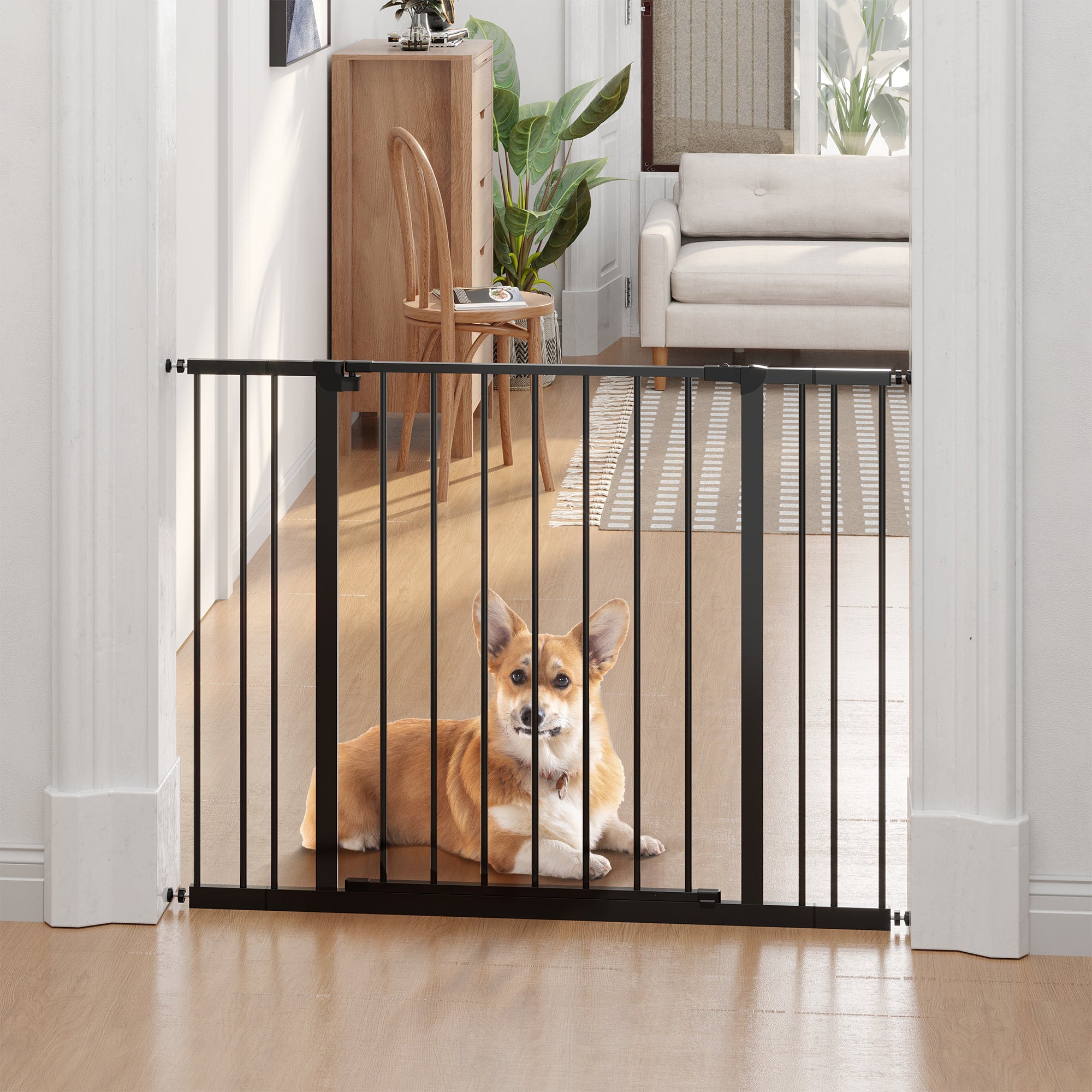 PawHut Dog Gate Pet Safety Gate Stair Barrier Pressure Fit Adjustable 76-82/86-97/101-107 cm, Black 