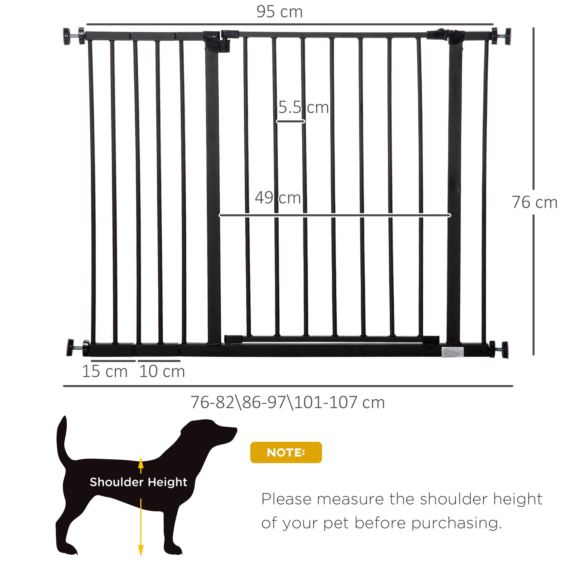 PawHut Dog Gate Pet Safety Gate Stair Barrier Pressure Fit Adjustable 76-82/86-97/101-107 cm, Black 