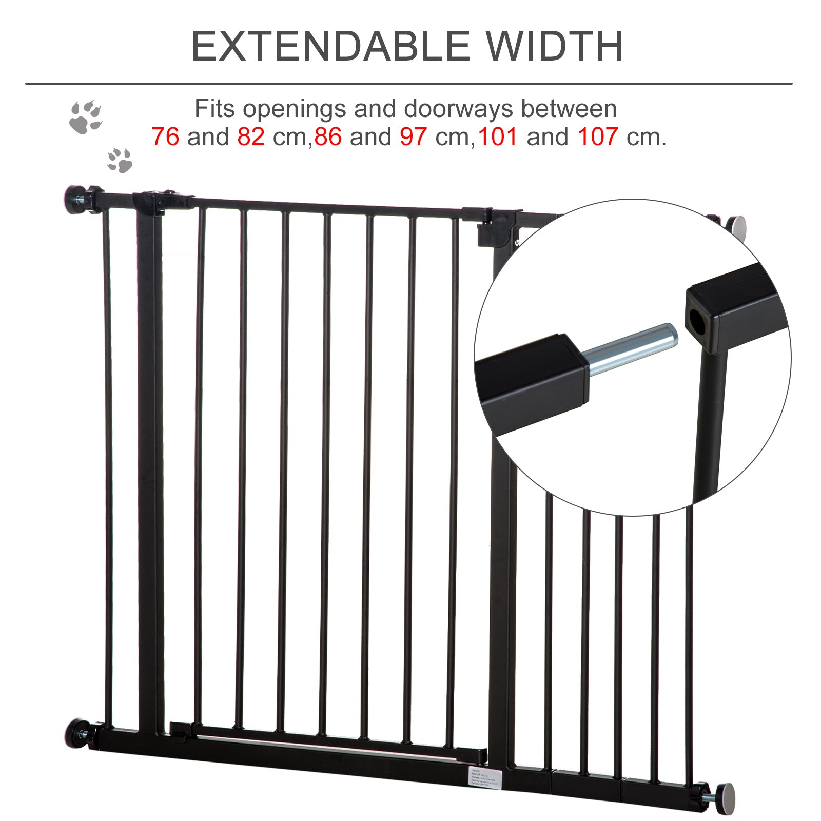 PawHut Dog Gate Pet Safety Gate Stair Barrier Pressure Fit Adjustable 76-82/86-97/101-107 cm, Black 