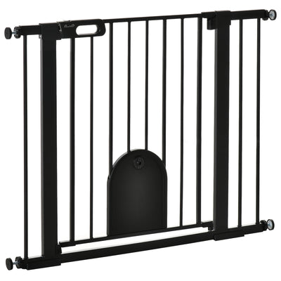 PawHut Dog Gate with Cat Flap Pet Safety Gate Barrier, Stair Pressure Fit, Auto Close, Double Locking, for Doorways, Hallways, 75-103 cm Black 